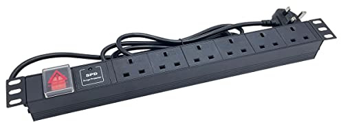 Powercool 1U 6‑Way Horizontal Rackmount PDU with Surge Protection – UK Sockets, On/Off Switch & 1 LED – 1.8m UK Plug – 3250W 13A – 19 Aluminium Protected Power Strip for Server, AV & Telecom Racks