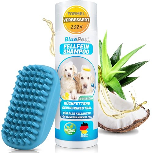 BluePet Hundeshampoo sensitiv 200ml inkl. Badestriegel – rückfettend & pH-hautneutral – für Langhaar & empfindliche Hunde – gegen Juckreiz, Gerüche & Schmutz – mit Aloe Vera & Jojobaöl