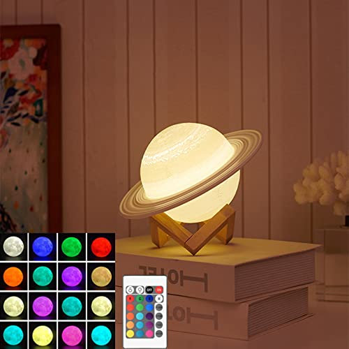 ANKBOY RGB Saturn Lampe, LED Dimmbare Kinder Nachtlicht, 3D-Druck Saturn Lampe mit Holzständer, Remote/Touch Control, USB wiederaufladbar, coole Geschenke für Kinder (16CM)