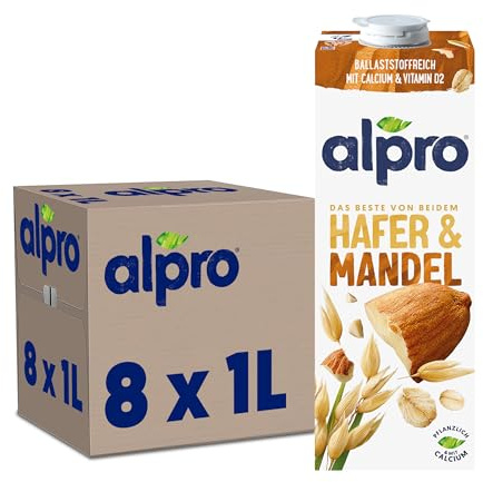 Alpro Hafer-Mandeldrink – Vegan und milchfrei – Von Natur aus laktosefrei – 8 x 1 l