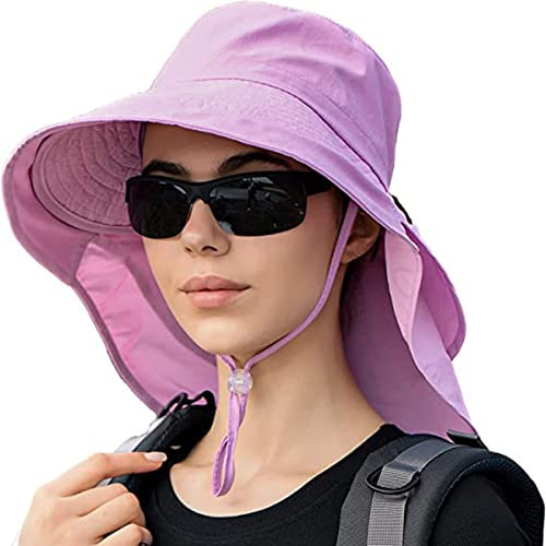 MAKFORT Sonnenhut Damen Outdoor Sommer Breiter Krempe UV Schutz Hut wasserabweisend mit großem Nackenschutz Pferdeschwanz Strandhut