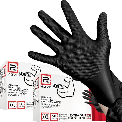 R MOVE 50+50 Guanti in nitrile Diamond 8,5 gr. +140% di SPESSORE rispetto al 3,5 gr Guanti antiscivolo, Grip su tutto il palmo per una perfetta presa, Guanti da lavoro antiscivolo (XXL (11), Nero)