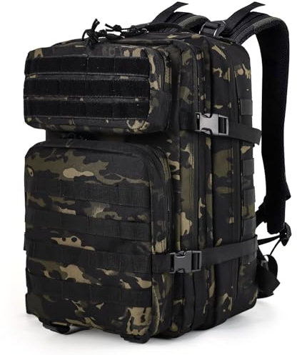 TANTOMI Militär Rucksack, 45L Outdoor Rucksack, Schwarz, 50 cm x 30 cm x 28 cm, Wasserdicht, Tactical Backpack für Reisen, Outdoor-Abenteuer, Wandern, Camping, Training, Fitness
