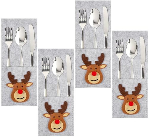 Weysoo Bestecktasche Weihnachten, 4 Stück Besteckhalter Weihnachten, Elch Weihnachten Tischdeko Filz, Weihnachtsdeko für Party Abendessen Gabel Dekor