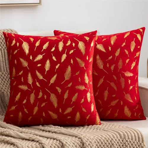 Sofakissen 45x45 Deko Kissenbezug Rot Boho Moderne Samt mit Federn Goldenen Bronzing Kissenhülle Couchkissen Bezüge Herbst für Wohnzimmer Garten Sofa Garten Weihnachten Kissen Heimdekoration 2er Set