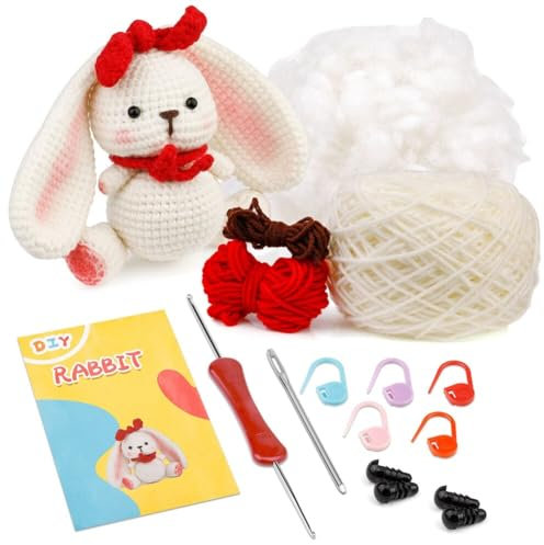 Tier Hasen Häkelpaket,Komplett Häkelset für Anfänger Tiere,Häckeln Stricken für Anfänger Set mit Häkelnadeln Garn, Anfänger Häkel Strick Starter Kit, Strickset Bastelset für Erwachsene Kinder Geschenk