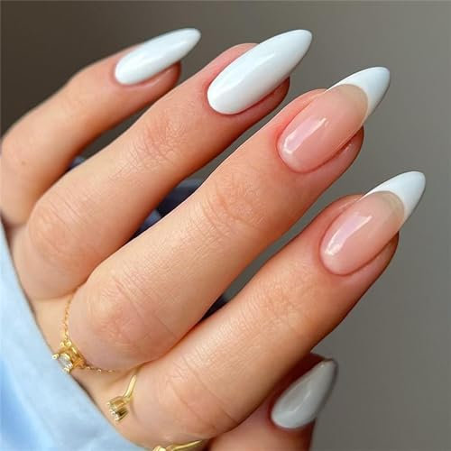 French False Nail Long - 24Pcs French Almond False Nails with White Edge - Elegant Milky French Press on Nails with Glue Sticker - Fake Nail Tips French Stick on Nails Manicure for Women Girls