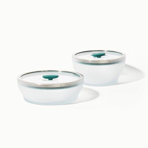 Anyday Cookware - Juego de platos para microondas sin plástico, 2 recipientes de almacenamiento de vidrio grandes aptos para microondas con tapas para cocinar al vapor, asar, servir y almacenar