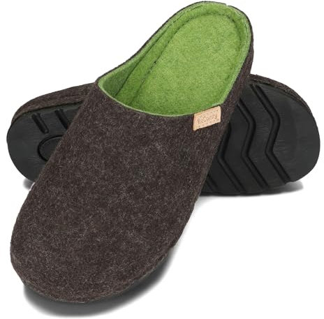 BeComfy Damen Herren Filz Hausshuhe mit Fußbett Unisex-Pantoffeln aus natürlichem Wollfilz Feste Sohle 36-46 EU (Braun, 45)