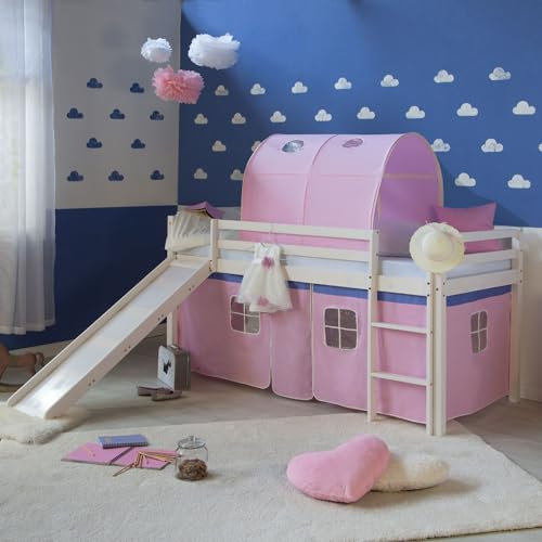 Homestyle4u 2554, Kinderhochbett Weiß 90 x 200cm Holz Kiefer rosa Hochbett mit Tunnel Leiter Vorhang Rutsche Lattenrost