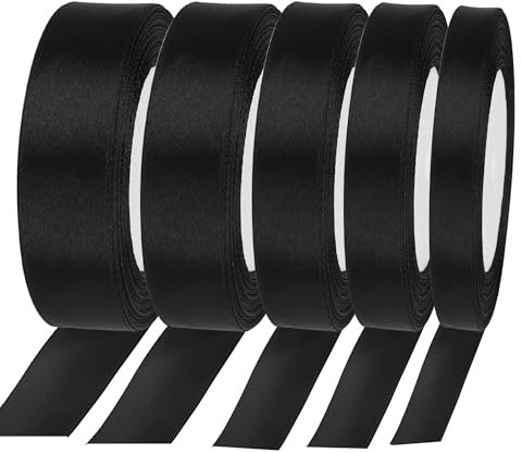 Roosea 110m Satinband Schwarz, 6/10/15/20/25mm Schwarzes Satinband, Schwarzes Band für Geburtstag Deko Geschenkverpackung (5 Rollen x 22m)
