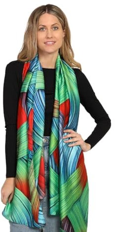 Trillion London® Seidenschal für Damen | Leichte Damenschals | Schals | Kopftuch | Geschenke für Damen | Designerdrucke | Für den Alltag | Geschmeidig und weich | Mehrfarbig | Grün, Blau und Rot