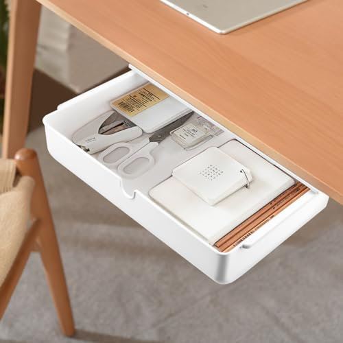 HUMOKI Selbstklebende Schublade Unter Schreibtisch, Weiße Versteckte Schubladenbox für Büro, Tisch, Schminktisch