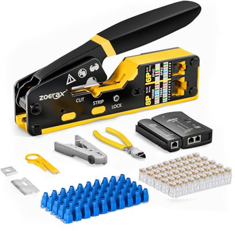 ZoeRax Ethernet Crimping Tool Kit RJ45 Crimp Tools,CAT5 Cat5e Cat6 RJ45 Crimping Tool Kit With Cable Tester, Multiply Stripper, Blades,50Pcs Cat 6 Pass Through Connectors and Strain Relief Boots