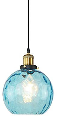 EKSED Suspension Boule Verre Ondulé - Lampe Suspendue Vague avec Abat-Jour Laiton pour Îlot Cuisine & Salle à Manger (Bleu clair,20cm)