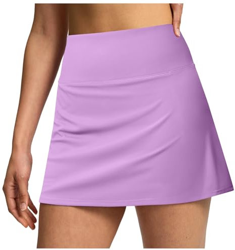 Gonna da tennis a doppio strato pieghevole da donna gonna a vita alta con tasche pantaloncini, da allenamento per l'estate, casual, da uomo in lino, Viola chiaro, XL