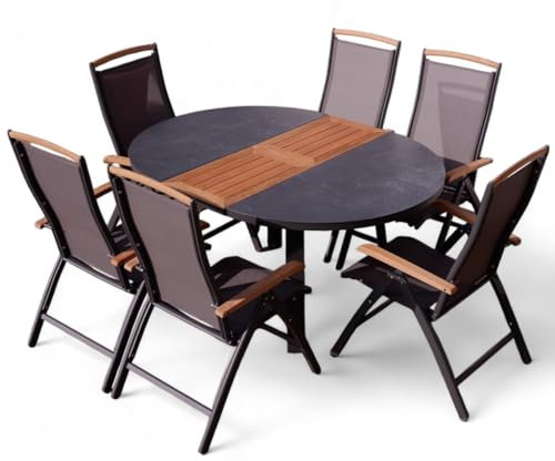 ALEOS. Gartengarnitur Gartenset Aluminium Teak Set mit rundem Ausziehtisch 120cm auf 160cm ausziehbar + 6 Hochlehner anthrazit Trinidad