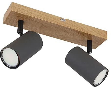 Deckenlampe schwenkbar 2 Flammig Deckenstrahler schwarz Holz Decken Strahlerleiste, Metall graphit Holzoptik, 2x GU10, LxBxH 26x6x12 cm
