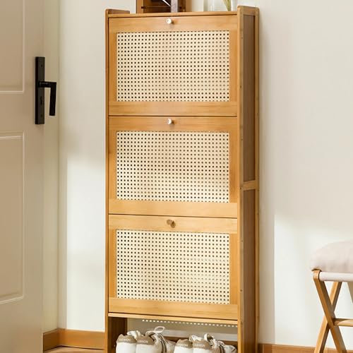 YSPZDQ Meuble Chaussures Cannage, Autoportantes Armoire à Chaussures Bambou pour Entrée, Entrepôt, Chambre, Salon et Couloir, avec 3, 2 Etagères de Rangement Rabattables(50x17x120cm)