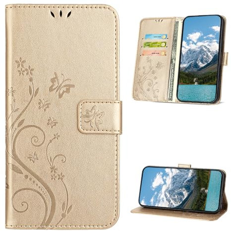 XINQCASE Handyhülle für iPhone 12 Pro Max Hülle, PU Leder Prägung Klapphülle Mit Kartenfach, Flip Case Schutzhülle für iPhone 12 Pro Max, Gold