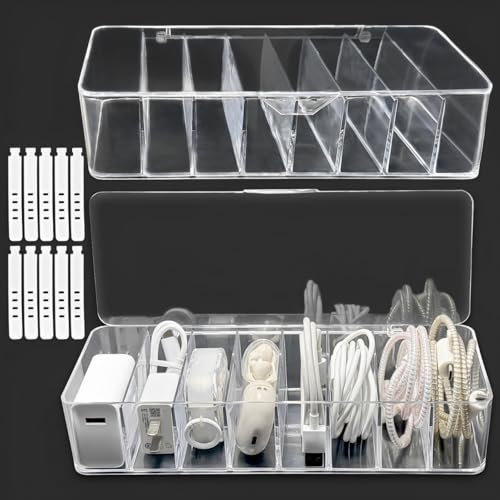 Xpieoyrm Organizador de Cables de 2 Piezas, Organizador Cables con 8 Compartimentos y 20 Bridas de Cables, Caja de Almacenamiento de Cables Transparente, Guardar Cables y Cargadores