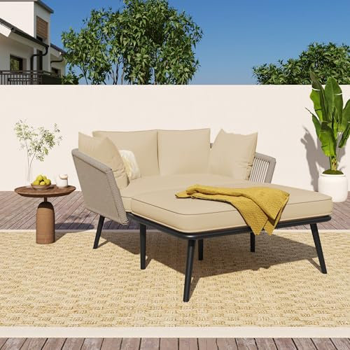 Merax Gartensofa, Outdoor Sonnenliege mit 2 Kissen und 2 Polster, Gartenlounge mit Abnehmbar und Waschbar Kissen für Balkon Terrasse, Garten, Khaki