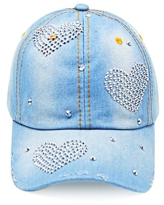 Topstyle Jeans Cap im Vintage Style mit Stern und Strasssteinen Baseball,Glitzernder Denim Baseballcap (DE/NL/SE/PL, Alphanumerisch, Einheitsgröße, 13a19 Herz-Hellblau)