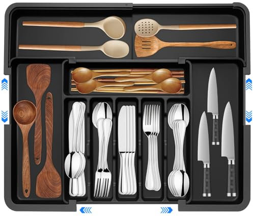 Veftsvy Besteckkasten für Schubladen, Besteckeinsatz Mit 9 Fächern, Großer Verstellbarer Besteckeinsatz für Messer Gabel Löffel, Zur Aufbewahrung Von Küchenbesteck, Schubladenaufbewahrung, Schwarz