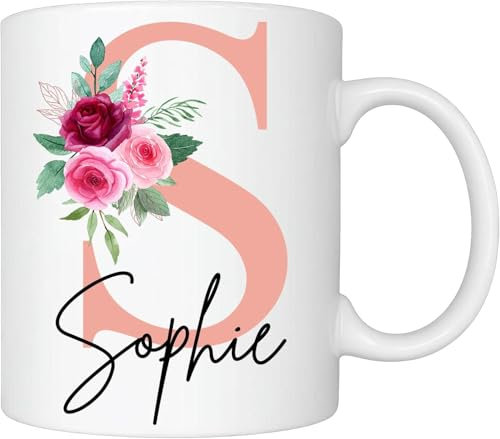 Excudo Trade LTD Personalised Floral Mug Stylish Initial Name Customised Gift Valentines Day Birthday Christmas for Mom Dad Friends Girlfriend Boyfriend, 11oz Ceramic Coffee Tea Cup Rose Gold