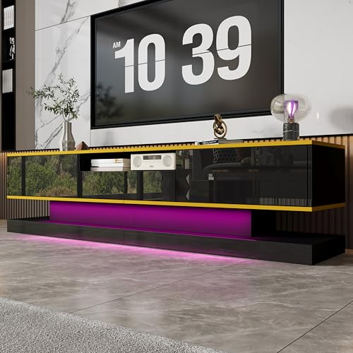 Ligterra Moderner TV-Schrank mit DREI Schubladen und Einem Offenen Fach, Hochglanz mit Farbwechselnden LED-Leuchten, 180 * 38 * 45cm (Schwarz)