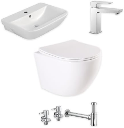 sanicomfort Gästebad Komplettset Weiß – Waschtisch 60 cm, spülrandloses WC Aliki mit Softclose, Armatur Malaga Chrom, Designsiphon & Eckventile