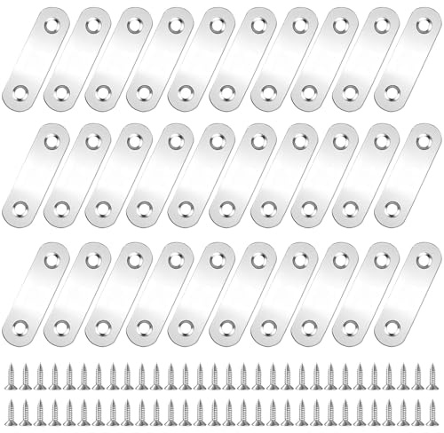 30 Pcs Flat Brackets for Wood, Stainless Steel Metal Plate Mending Plates | Flat Fixing & Joining Brackets for Furniture Repair, Drawer Front, Metal Connector Brace with Screws