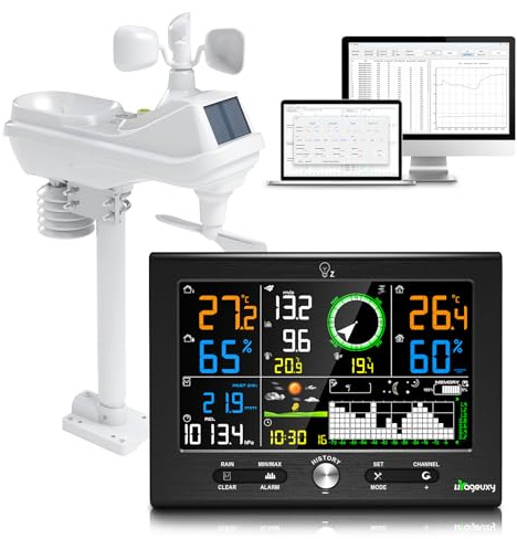 Urageuxy 7-in-1 Profi Wetterstation mit Regenmesser und Windmesser, Funk mit Außensensor, 7,6-Zoll Display, 150 Meter Reichweite, DCF-Uhr, PC-Software, Wettervorhersage