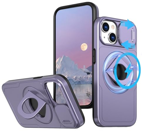 BEENTRYS Coque Magnétique pour iPhone 13 / iPhone 14 / iPhone 16E/iPhone 17E,Compatible avec MagSafe Couvercle Caméra Coulissant Housse de Téléphone Support Anneau Antichoc Étui de Protection-Violet