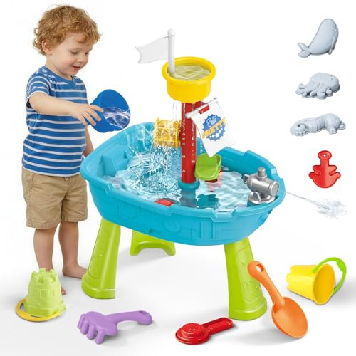 deAO 3-in-1 Sand- und Wassertisch für Kinder, Wasserspieltisch Outdoor mit Sprüheinheit & Wasserrad, Wasser Aktivität Sensory Tisch, Sand und Wasserspieltisch Spielset für Garten Strand, ab 3 Jahren