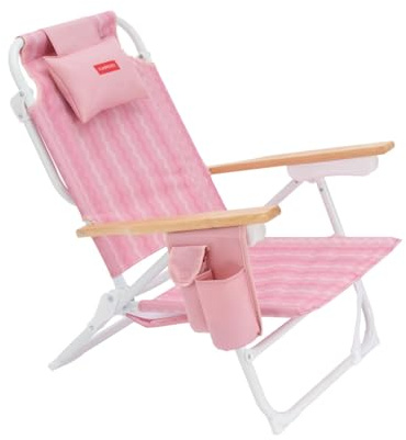 Flamingueo Strandstuhl - Klappbar - 5-Fach verstellbare Rückenlehne - Kühltasche - Handytasche - Rucksackgriffe - Ergonomisches Kissen - Aluminium und Polyester - Rosa