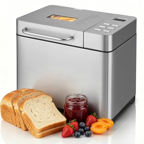 Fushabana Bread Maker 2lb Quiet 40dB, 17 Programmes, Gluten Free Sourdough | 3 crust settings, 15-hour delay timer, 2lb/907g non-stick pan, auto dispenser, stainless steel housing
