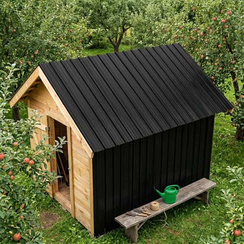PEILU 12x Profilblech Wellplatten 129,45x45cm Verzinkter Stahl Dachplatten 7m² Metall Dachblech Set mit Struktur, Schrauben & Schutzhandschuhen, Blechplatten für Carport Gerätehaus Schuppen (Schwarz)