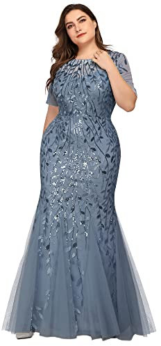 Ever Pretty Women's Elegant O Neck Short Sleeve Floor Length Mermaid Embroidery with Sequin Plus Size Formal Evening Dresses Denim Blue 20UK