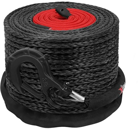 XPV 3/8 x 100ft Synthetic Winch Rope 23,800lbs Dyneema Winch Line Cable Rope with Hook Black for Truck 4WD Off Road Vehicle Winch Accessory
