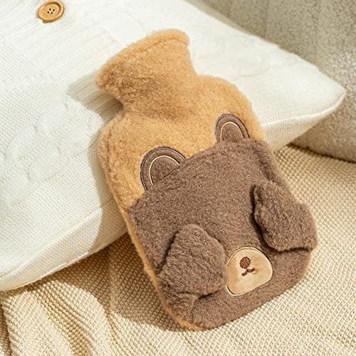 Wärmeflasche Bär Mit Braunem Gesicht Wärmflasche Bettflasche Mit Bezug Flauschig Groß Gemütliches für Erwachsene Kinder Baby Weichem Weiches Plüsch Geschenke für Frauen 500ML