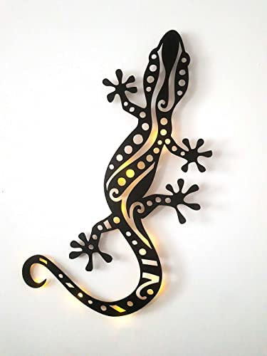 kh Teile Wand Deko Gecko (Holz) Dekoration Wandbild Wohnzimmer Geschenk Idee Wandbeleuchtung, Led Licht, Schwarz lackiert XXL 80 cm
