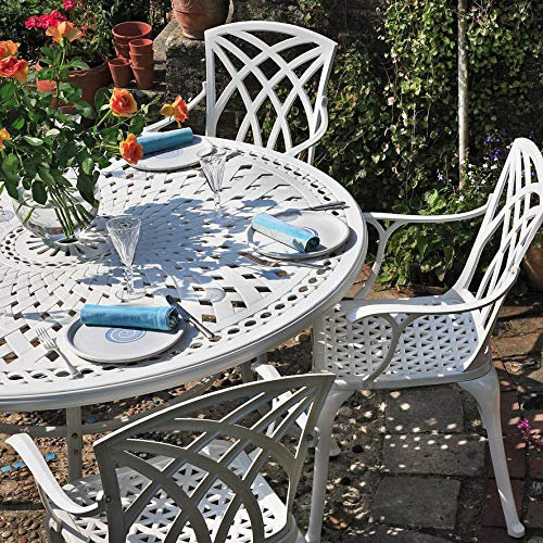 Lazy Susan 150 cm Runder Frances Gartentisch in Weiß mit 8 April Stühlen mit blauen Sitzkissen | Nachhaltiges Sandguss-Aluminium | Wetterfest | Rostfrei | Wartungsarm | 3 Jahre Garantie