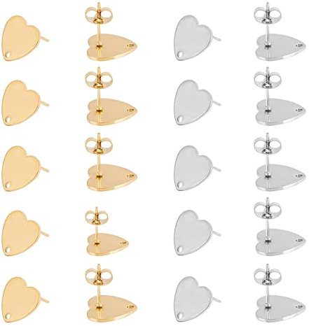 UNICRAFTALE 20pcs 2 Couleurs Boucles d'oreilles en Forme de Coeur 304 Clous d'oreilles en Acier Inoxydable avec Écrous d'oreille et Composants de Boucle d'oreille Trou pour la Fabrication de Bijoux