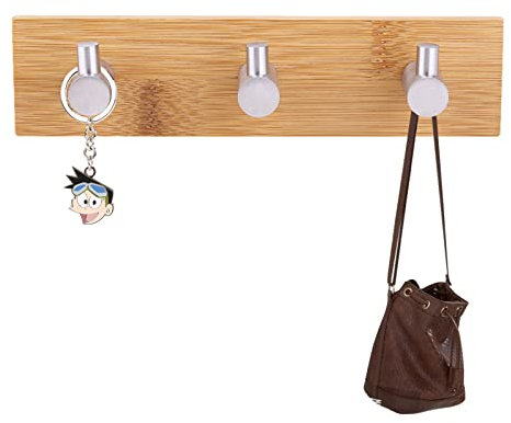 Natudeco Colgador de Pared, bambú Natural Colgador de Acero Inoxidable Gancho Abrigo Llave Toallero Estante Gancho de Pared Gabinete Gancho para Puerta de Armario(Tres Ganchos)