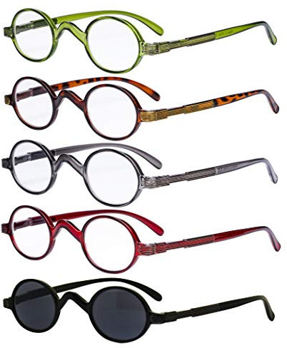 Eyekepper 5-Stuecke Leser Federschanier Buegel Klassiker Mini Oval Rund Lesebrille beinhalten Sonne Lesehilfe +2.00