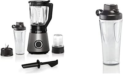 Bosch Standmixer VitaPower Serie 4 MMB6177S, Edelstahl-Klingen Made in Germany, 1,5l ThermoSafe Glasbehälter, 0,6l To-Go-Flasche, 30,000 U/min, 1200 W, silber & Bosch ToGo-Flasche MMZBT01B, 0,6 L