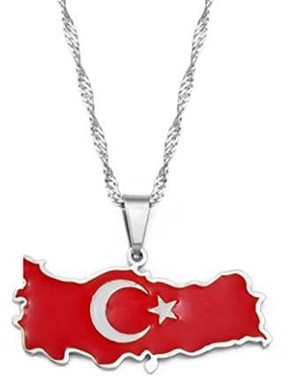 Stylish-Art Turquie Carte Drapeau Mode Pendentif Et Chaîne Colliers,National Turc pour Femmes Hommes Cartes Géométrie Bijoux Amulette Ornements Patriotiques,Argent,45Cm Chaîne