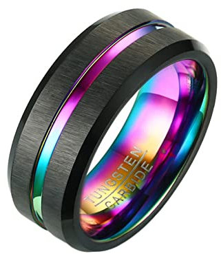 Lieson Wolfram Ringe Herren Schwarz Bunt, Verlobungsringe Herren Gebürstet 8MM Rund Mit Linie Ring Gravur Personalisiert Größe 67 (21.3)