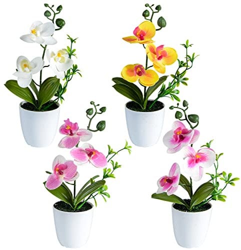 4 mini vasi di orchidee artificiali, fiori di orchidea, orchidee, con vaso di plastica, per decorazione domestica dell'ufficio (bianco, giallo, rosa, rosa chiaro)